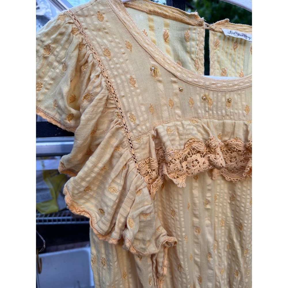 LoveShackFancy Yellow Lace-Trim Mini Dress Cottagecore Flutter Sleeve S boho - Picture 15 of 16